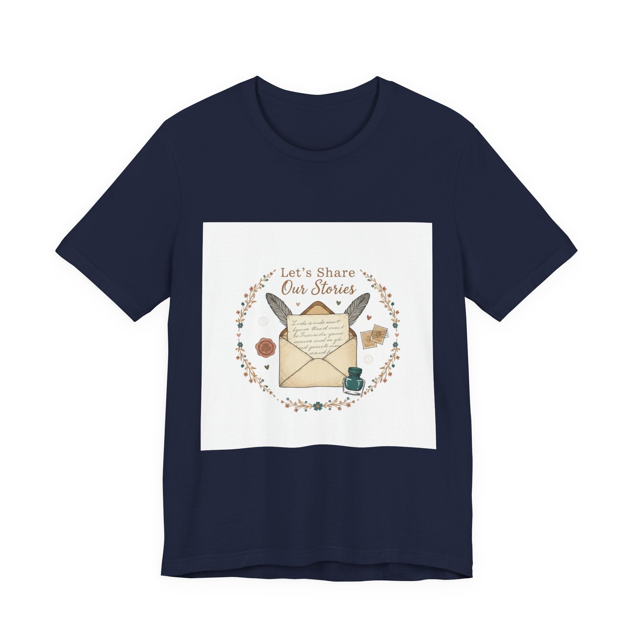 Let's Share Our Stories letter writing shirt | postage stamp design, pen pal aesthetic