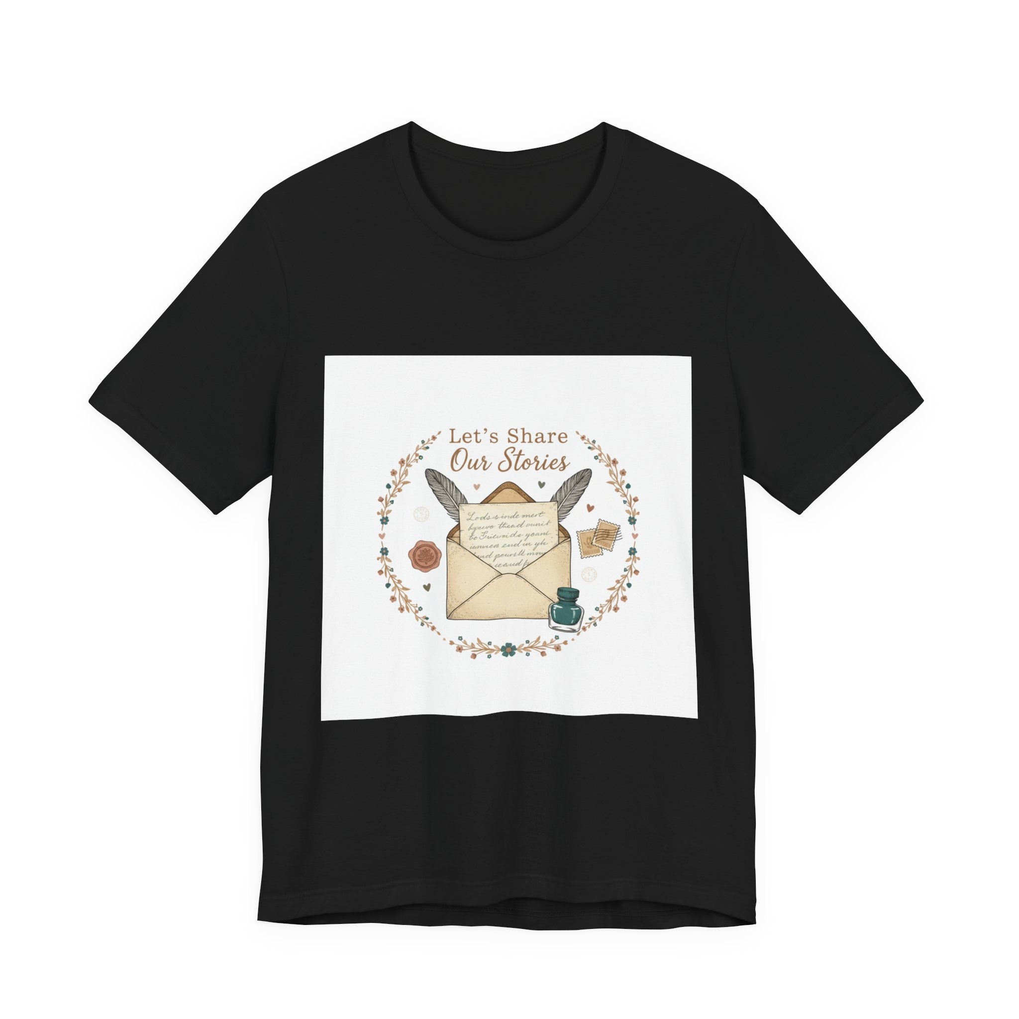 Let's Share Our Stories letter writing shirt | postage stamp design, pen pal aesthetic