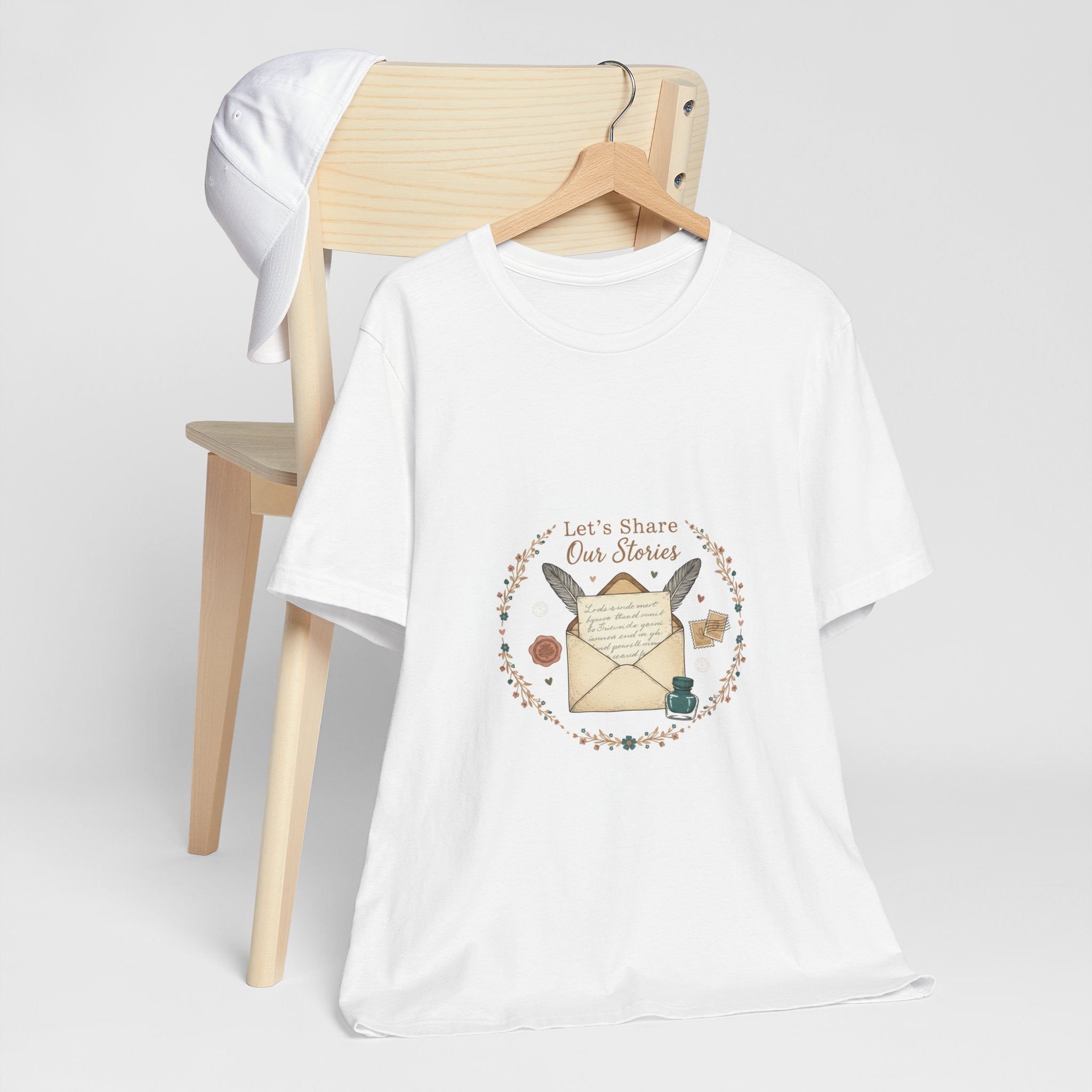 Let's Share Our Stories letter writing shirt | postage stamp design, pen pal aesthetic