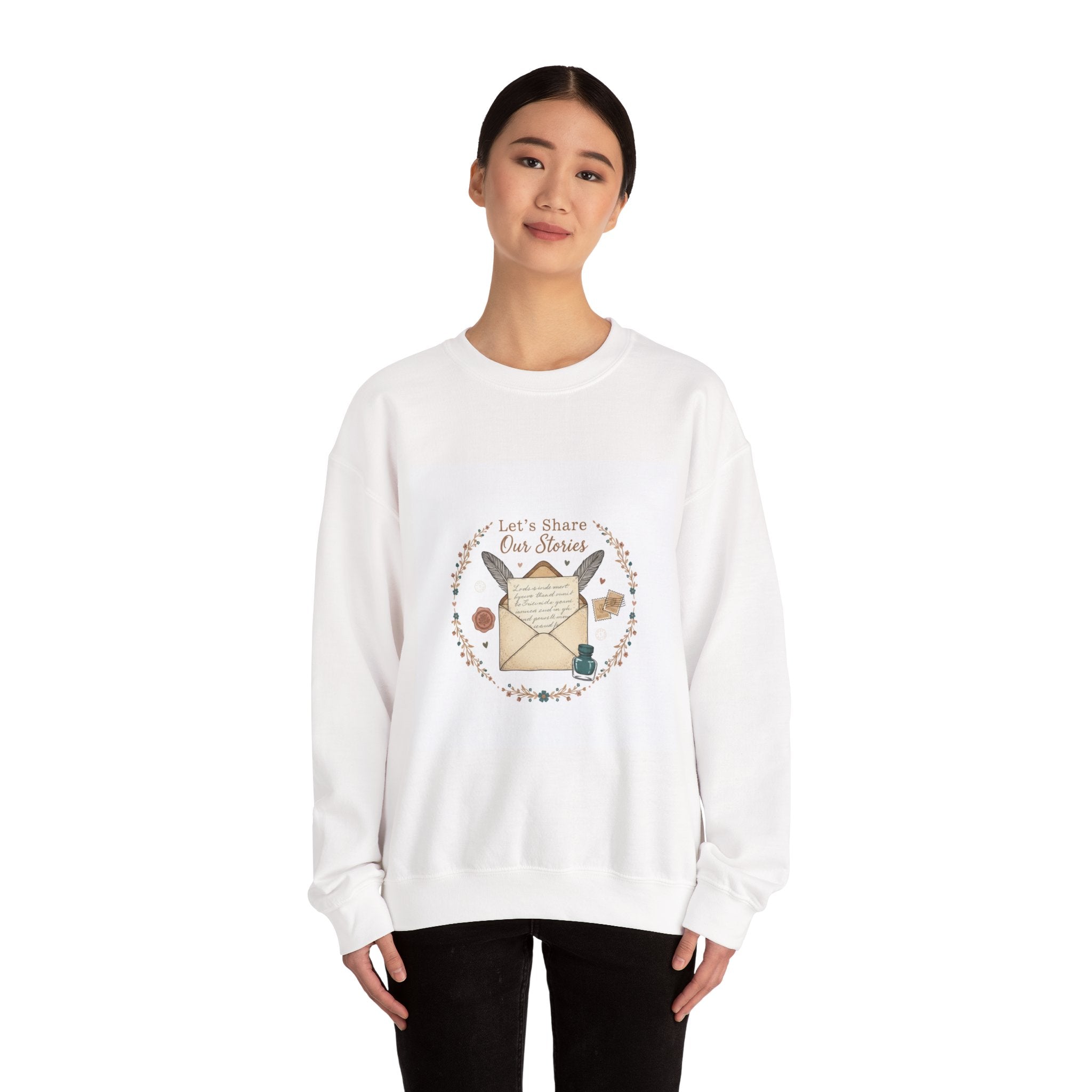 Let's Share Our Stories Sweatshirt | pen pal aesthetic, postage stamp design
