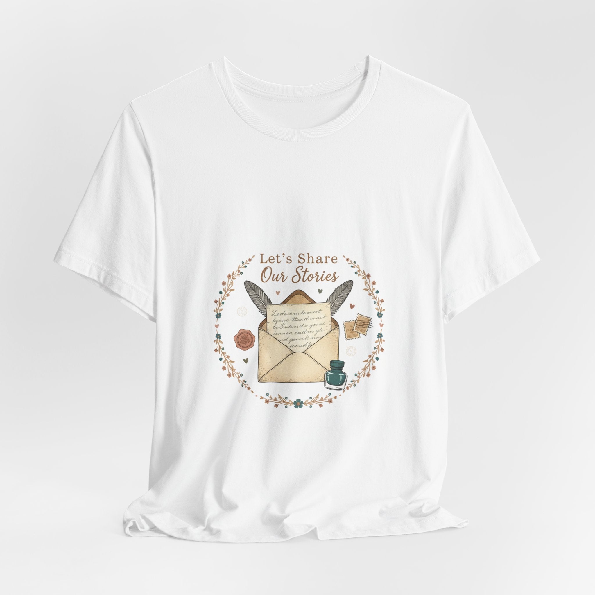 Let's Share Our Stories letter writing shirt | postage stamp design, pen pal aesthetic