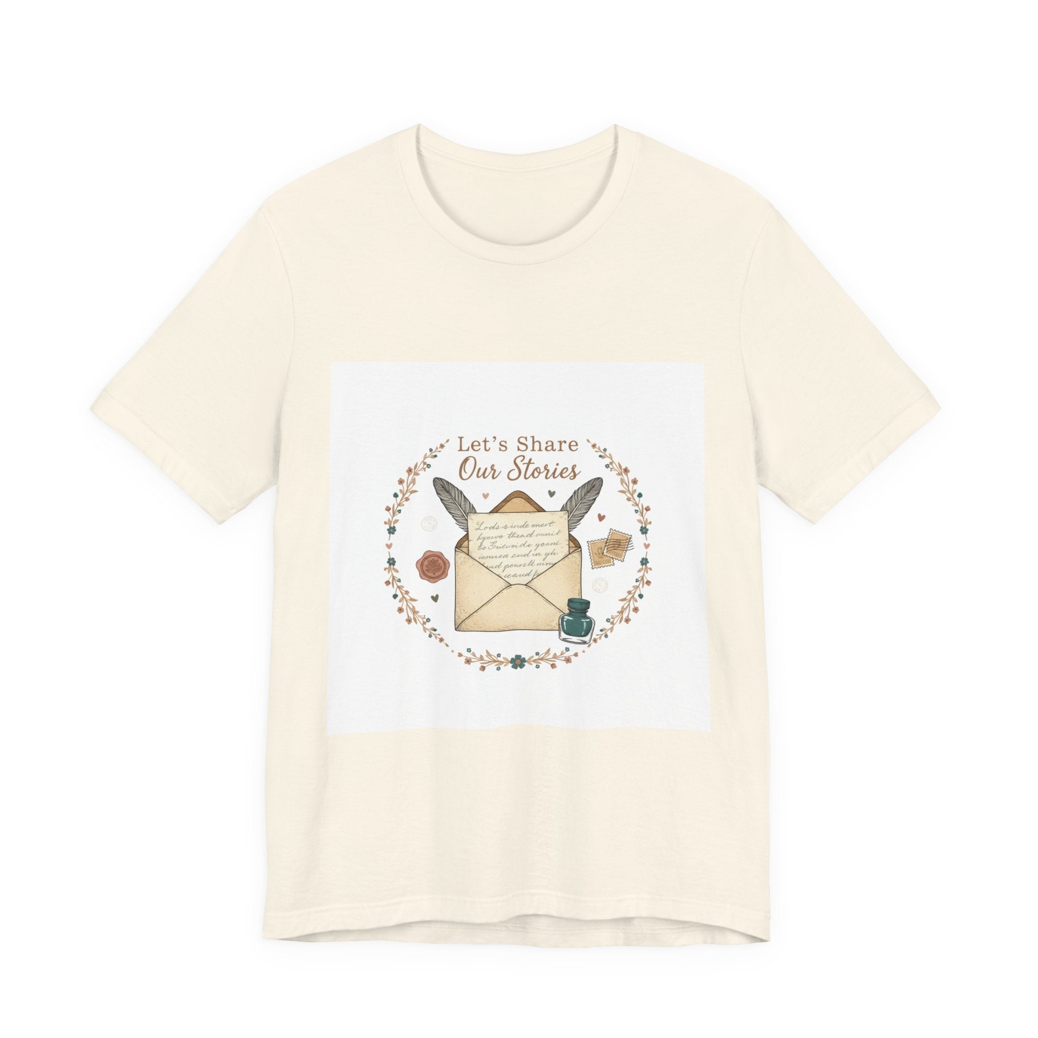 Let's Share Our Stories letter writing shirt | postage stamp design, pen pal aesthetic