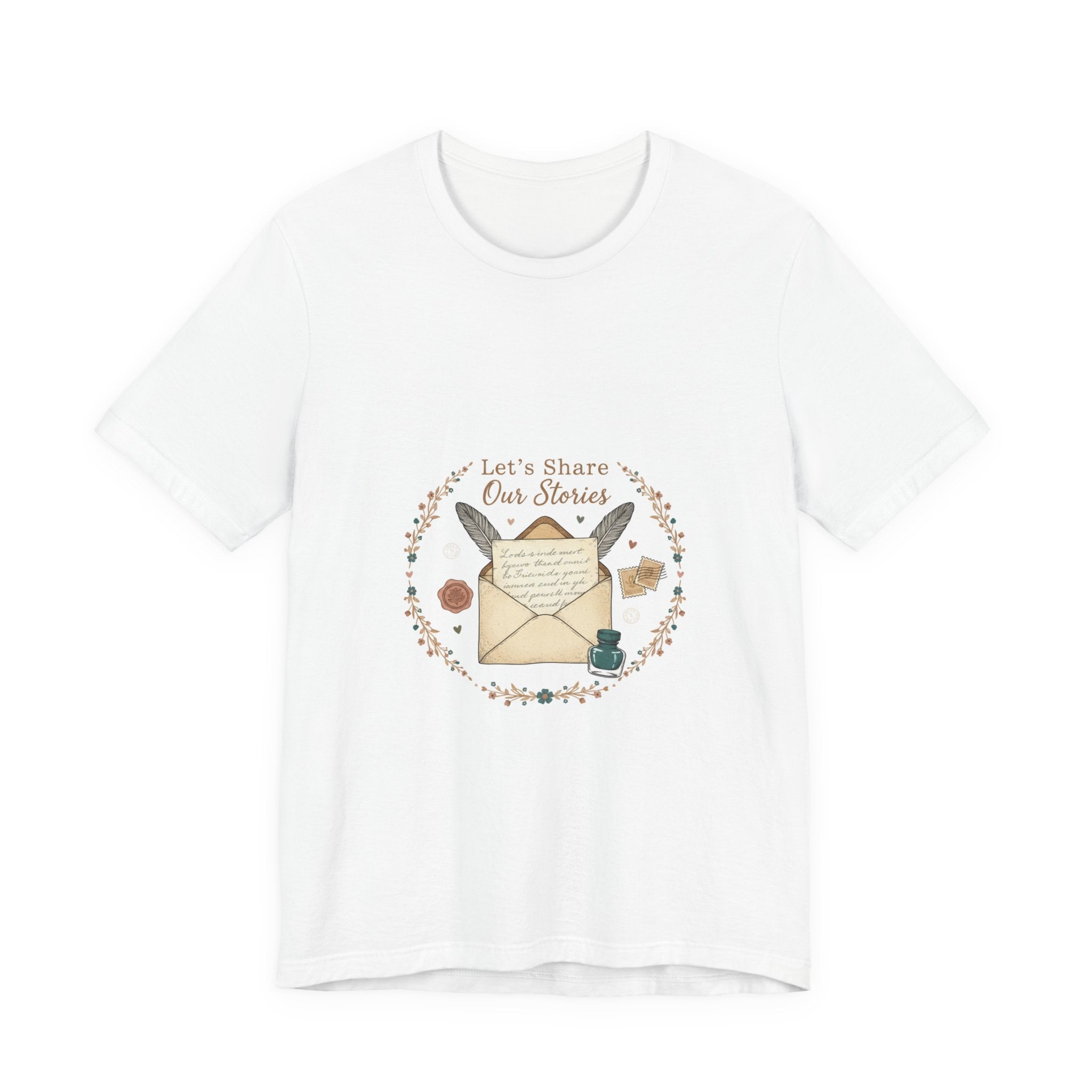 Let's Share Our Stories letter writing shirt | postage stamp design, pen pal aesthetic